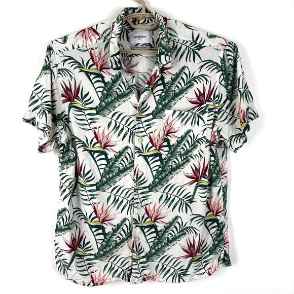 Goodfellow Tropical Hawaiian Shirt Large white green pink resort casual - Picture 1 of 7